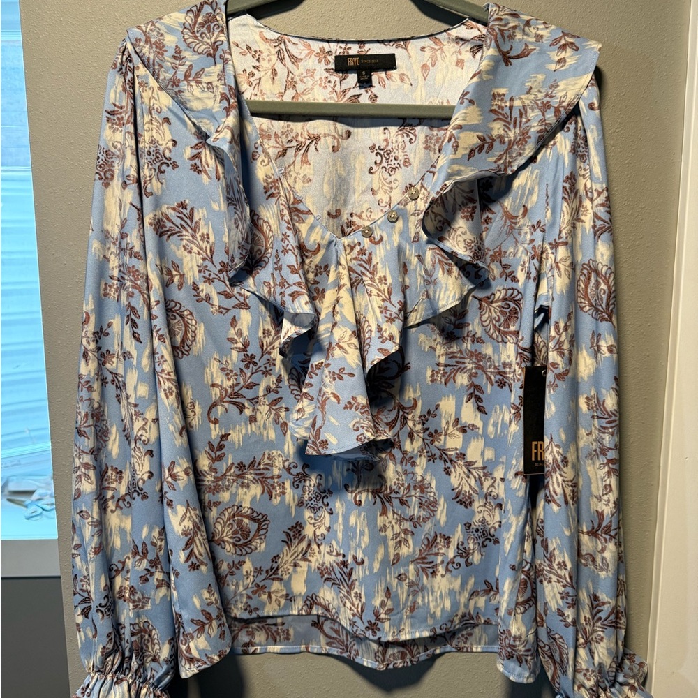 Floral Ruffle Blouse in Blue and Cream